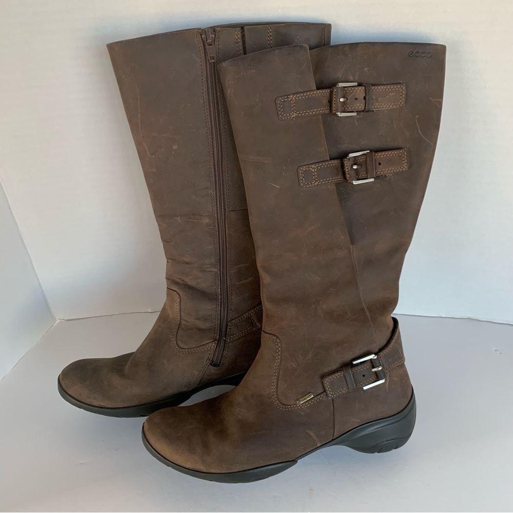 Ecco Gore-Tex Womens Boots Size 38 Brown Tall Mid Calf WorkRiding  Buckle Zipper